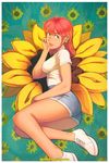  ahoge annie_mei annie_mei_project ass bangs breasts caleb_thomas denim denim_shorts eyebrows flower full_body green_eyes lips lipstick long_hair lying makeup medium_breasts on_side pink_hair shirt shoes shorts smile sneakers solo sunflower t-shirt 