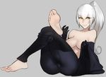  1girl barefoot breasts dark_souls_iii feet long_hair looking_at_viewer medium_breasts pale_skin ponytail scathegrapes silver_hair sitting smile soles solo souls_(from_software) toes topless yellow_eyes yuria_of_londor 