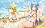  2girls adachi_shingo animal aqua_eyes aqua_hair ass barefoot beach bikini blonde_hair braids breasts fish green_eyes kirigaya_suguha koga_miyuki leafa long_hair navel pointed_ears ponytail scan swimsuit sword_art_online water yuuki_asuna 