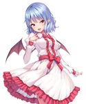 bat_wings blue_hair bow bowtie breasts commentary cowboy_shot dress frills juliet_sleeves junior27016 long_sleeves looking_at_viewer medium_breasts no_hat no_headwear open_mouth pointy_ears puffy_sleeves red_bow red_eyes red_neckwear red_sash remilia_scarlet short_hair smile solo touhou white_dress wings 