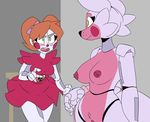  animatronic anthro areola baby_(fnafsl) big_breasts blush breasts canine clothed clothing duo exposed female five_nights_at_freddy&#039;s fox funtime_foxy_(fnafsl) green_eyes humanoid jailbait_knight machine mammal nipples nude pussy robot sister_location table video_games 