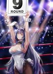  alternate_costume animal_ears armpits arms_up audience bare_shoulders black_bow blue_hair blush bow bowtie boxing_ring breasts bunny_ears bunny_girl bunny_tail bunnysuit camera_flash ck_(26982497) cleavage closed_mouth commentary detached_collar eyebrows_visible_through_hair girls_frontline hair_between_eyes indoors large_breasts lens_flare leotard light_rays lights long_hair looking_at_viewer pantyhose side-tie_leotard sign smile solo stadium tail tar-21_(girls_frontline) very_long_hair white_collar white_leotard wrist_cuffs yellow_eyes 