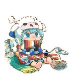  :3 animal_hat barefoot blue_bow blue_eyes blush bow cat christmas_lights cirno closed_eyes electric_socket hair_bow hat moyazou_(kitaguni_moyashi_seizoujo) no_nose scarf short_hair sitting touhou white_background white_hat 