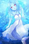  :d androgynous bare_shoulders blue_hair blue_skin dated dress fish hand_up long_hair looking_at_viewer merman monster_boy open_mouth original pink_eyes sasageshina scarf smile underwater white_dress 