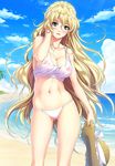  ass_visible_through_thighs beach bikini_bottom blonde_hair blush breasts cleavage collarbone cowboy_shot day desire_(c's_ware) green_eyes hand_to_head hat hat_removed headwear_removed holding holding_hat large_breasts long_hair nipples no_bra official_art open_mouth outdoors see-through shirt solo standing straw_hat sun_hat tajima_nao tank_top tina_(desire) very_long_hair water wet wet_clothes wet_shirt 