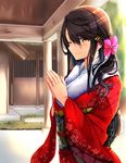  alternate_costume black_hair commentary_request floral_print furisode hair_between_eyes hair_ornament hairclip haruna_(kantai_collection) highres japanese_clothes jewelry kantai_collection kimono long_hair obi one_eye_closed ring sash shrine smile solo tsukui_kachou wedding_band yellow_eyes 