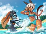  2015 animal_humanoid beach blue_eyes blue_skin breasts cat cat_humanoid clothed clothing dark_skin detailed_background duo eyes_closed feline feline_humanoid female fish hair happy human humanoid kinuko mammal marine minette nadia_fortune one_eye_closed outside playing sand scar seaside skullgirls sky splashing swimsuit video_games water white_hair 