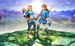  animal bird blonde_hair blue_eyes boots bow_(weapon) braids brown_hair building clouds computer genzoman gloves grass link_(zelda) long_hair male pointed_ears ponytail princess_zelda scenic signed sky sword the_legend_of_zelda weapon 