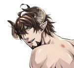  back barowa beard brown_eyes brown_hair draph facial_hair granblue_fantasy heartilly horns injury male_focus open_mouth pointy_ears portrait shirtless simple_background solo teeth white_background 