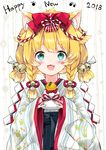  2018 :3 :d animal_ear_fluff animal_ears bangs bell black_hakama blonde_hair blue_eyes blush bone_print bow braid chinese_zodiac commentary_request dog_ears eyebrows_visible_through_hair fang food hair_bow hair_ornament hair_ribbon hakama highres holding holding_food japanese_clothes jingle_bell juna kagami_mochi kimono looking_at_viewer low_twintails nengajou new_year open_mouth original paw_print red_bow ribbon short_kimono short_twintails side_braid smile solo striped thick_eyebrows twin_braids twintails vertical-striped_kimono vertical_stripes white_kimono white_ribbon year_of_the_dog 