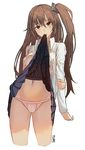  arm_at_side arm_behind_back artist_name bangs blue_skirt blush breasts brown_eyes brown_hair collared_shirt commentary_request cropped_legs girls_frontline hair_between_eyes hair_ornament hand_on_own_elbow highres long_hair long_sleeves looking_at_viewer navel no_bra one_side_up open_clothes open_shirt panties pleated_skirt scar scar_across_eye shirt sideboob sidelocks simple_background skirt skirt_in_mouth skirt_lift small_breasts solo standing stomach thighs turi twintails ump45_(girls_frontline) unbuttoned unbuttoned_shirt underwear white_background white_panties white_shirt 