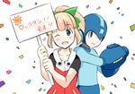  1boy 1girl android arm_cannon armor bangs blonde_hair blue_eyes blunt_bangs blush bow dress duo eyebrows green_bow green_ribbon hair_bow heart helmet hooded_dress long_hair no_humans open_mouth ponytail ribbon robot rockman rockman_(character) rockman_11 roll simple_background smile tied_hair weapon white_background 