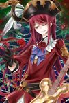  aoidos feathers flower gloves granblue_fantasy guitar hat highres instrument leaf long_hair male_focus one_eye_closed orange_eyes petals putty_(kusanntonn) red_hair rose solo teeth thorns upper_body 