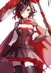  cape commentary_request corset crescent_rose ecru red_hair ruby_rose rwby silver_eyes solo thighhighs torn_cape torn_clothes torn_legwear twitter_username 