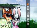  2017 anthro canine clothed clothing cuckold&#039;s_horns disney duo english_text eyes_closed eyewear female fox happy hi_res holmssie judy_hopps lagomorph male male/female mammal nick_wilde open_mouth rabbit selfie signature smile snapchat sunglasses text waterfall zootopia 