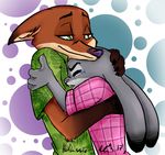  2017 anthro canine clothed clothing crying disney duo eyes_closed female fox fur gloves_(marking) grey_fur head_grab hi_res holmssie hug judy_hopps lagomorph larger_anthro larger_male male male/female mammal markings nick_wilde predator/prey rabbit signature size_difference smaller_anthro smaller_female tears zootopia 