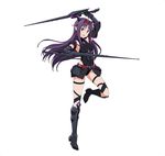  blush bodysuit double_swords konno_yuuki long_hair offical_art purple_hair red_eyes smile sword_art_online warrior 