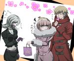  1boy 2girls andou_ruruka bangs beanie belt blonde_hair blue_eyes blush buttons candy coat danganronpa danganronpa_3 eyebrows flipped_hair food fur-trimmed_coat fur_trim gloves group hat izayoi_sounosuke jacket japanese_text kimura_seiko mask medical_mask multiple_girls one_eye_covered pink_coat pink_hair purple_eyes purple_gloves red_eyes shirt short_hair side_bangs silver_hair skirt surgical_mask text trio white_shirt 