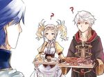 2boys blonde_hair blue_eyes blue_hair brother_and_sister candy dress fire_emblem fire_emblem:_kakusei food gloves hair_ornament krom liz_(fire_emblem) long_hair male_my_unit_(fire_emblem:_kakusei) meat multiple_boys my_unit_(fire_emblem:_kakusei) short_hair short_twintails siblings smile twintails white_background white_hair yamada_(ymdroygbiv) 