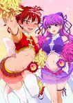  @_@ ass breasts commentary_request cosplay cure_yell cure_yell_(cosplay) double_bun earrings embarrassed flower hair_flower hair_ornament hair_ribbon hugtto!_precure jewelry kenjou_akira kirakira_precure_a_la_mode kotozume_yukari large_breasts long_hair looking_at_viewer medium_breasts midriff multiple_girls mutyakai navel one_eye_closed open_mouth pom_poms precure purple_eyes purple_hair red_eyes red_hair ribbon shiny shiny_hair shiny_skin shirt short_hair skirt smile standing 