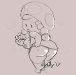  2017 4_fingers bedroom_eyes blush breasts butt clothed clothing clothing_lift exposed_breasts female full_length_portrait fungi_fauna grey_background greyscale half-closed_eyes humanoid looking_at_viewer looking_back mario_bros monochrome nintendo nipples no_underwear not_furry nyquil open_mouth partially_clothed rear_view seductive simple_background sketch skirt skirt_lift solo standing sweat sweatdrop toad_(mario) toadette tongue tongue_out v_sign video_games 