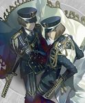  brown_eyes brown_hair cape commentary_request flower_knot gold_trim hat hirano_toushirou looking_at_viewer looking_back maeda_toushirou male_focus military military_hat military_uniform multiple_boys older ootachi short_hair sword tassel touken_ranbu tuke_omio uniform weapon 