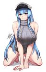  &gt;:) airisubaka akame_ga_kill! alternate_costume aran_sweater backless_dress backless_outfit bare_arms bare_back bare_shoulders blue_eyes blue_hair blush breasts commentary dress esdeath full_body grey_sweater halterneck hat kneeling large_breasts long_hair looking_at_viewer meme_attire naked_sweater peaked_cap ribbed_sweater sideboob signature sleeveless sleeveless_turtleneck smile solo sweater sweater_dress turtleneck turtleneck_sweater v-shaped_eyebrows v_arms very_long_hair virgin_killer_sweater 