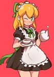  1girl android black_dress blonde_hair blush bow dress green_bow green_eyes green_ribbon hair_bow headdress long_hair maid maid_headdress no_humans one_eye_closed ponytail ribbon robot rockman rockman_(classic) roll simple_background solo tied_hair 