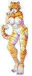  abs anthro areola big_breasts breasts cat erect_nipples felicesta feline female looking_at_viewer mammal muscular muscular_female nipples nude open_mouth pussy simple_background smile solo standing tabby tongue tongue_out white_background 