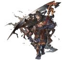  abs armor armored_boots bandages boots cape dark_skin dark_skinned_male draph full_body gloves granblue_fantasy hood horns male_focus minaba_hideo official_art one_eye_covered red_eyes scythe solo torn_clothes transparent_background vaseraga 