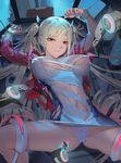  azur_lane bdsm blonde_hair bondage bound bound_wrists breasts covered_nipples damiaodi highres large_breasts nelson_(azur_lane) nipples no_bra panties red_eyes solo spread_legs torn_clothes twintails underwear white_panties 