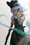  ahoge bandaged_arm bandages bangs black_bow black_neckwear blue_eyes bow bowtie buttons cowboy_shot eyebrows_visible_through_hair gradient gradient_background green_skirt hair_bow hand_up highres holding holding_sword holding_weapon konpaku_youki konpaku_youmu konpaku_youmu_(ghost) left-handed looking_at_viewer puffy_short_sleeves puffy_sleeves scabbard sheath short_hair short_sleeves shounen_(hogehoge) skirt skirt_set solo sparkle sword touhou two-handed unsheathing weapon white_hair 
