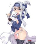  ainu_clothes bangs black_legwear blue_eyes blush bowl breasts chopsticks eating flying_sweatdrops food fundoshi hair_rings headband highres holding holding_bowl japanese_clothes kamoi_(kantai_collection) kantai_collection large_breasts leg_up long_hair long_sleeves mochi mochi_trail pelvic_curtain revealing_clothes ribbon sarfata shiny shiny_hair shiny_skin sidelocks silver_hair simple_background solo standing standing_on_one_leg sweat tabard tareme thighhighs wagashi white_background white_ribbon 