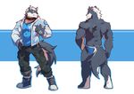  2018 absurd_res anthro canine clothed clothing collar digital_media_(artwork) fur hi_res male mammal muscular muscular_male silentheaven simple_background tattoo wolf 