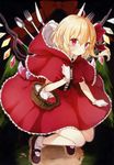  absurdres alternate_costume apple bangs basket blonde_hair brown_footwear cosplay flandre_scarlet food fork fruit full_body gloves highres holding honotai knife little_red_riding_hood little_red_riding_hood_(grimm) little_red_riding_hood_(grimm)_(cosplay) looking_at_viewer pointy_ears red_eyes scan shoes smile socks solo spoon touhou white_gloves white_legwear wings 