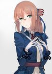  ascot blue_jacket brown_hair commentary_request eyebrows_visible_through_hair fingers_together girls_frontline gloves gradient gradient_background green_eyes grey_background hair_ribbon jacket long_hair long_sleeves looking_at_viewer m1903_springfield_(girls_frontline) parted_lips ponytail ribbon sash solo upper_body walzrj white_gloves 