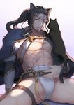  alternate_costume animal_ears beard black_hair capelet cat cat_ears facial_hair fundoshi granblue_fantasy haneten_kagatsu headband japanese_clothes jin_(granblue_fantasy) long_hair male_focus navel open_mouth ponytail purple_eyes scar shirtless simple_background sitting solo white_background 