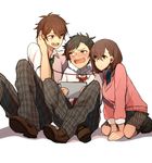  2boys anzu_(ensemble_stars!) black_hair blush brown_hair earphones ensemble_stars! hyaku_(pixiv_1804749) long_hair morisawa_chiaki multicolored_hair multiple_boys nagumo_tetora necktie open_mouth pants plaid plaid_skirt school_uniform shared_earphones short_hair skirt smile streaked_hair yumenosaki_school_uniform 