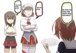  breast_padding brown_eyes brown_hair commentary crossed_arms diadem engrish glasses height_difference kantai_collection long_sleeves miniskirt misumi_(niku-kyu) multiple_girls open_mouth pince-nez plate ranguage roma_(kantai_collection) shiratsuyu_(kantai_collection) short_hair shorts shorts_under_skirt skirt speech_bubble taihou_(kantai_collection) thighhighs white_legwear zettai_ryouiki 