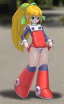  1girl android blonde_hair blue_eyes bow d2s1 dress eyebrows green_bow green_ribbon hair_bow long_hair no_humans ponytail ribbon robot robot_joints rockman rockman_(classic) roll smile solo tied_hair 