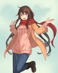  ahoge bangs blue_background blush boots breasts brown_footwear brown_hair checkered checkered_scarf denim gradient gradient_background hands_up jacket jeans knee_boots leg_up long_hair long_sleeves looking_at_viewer medium_breasts open_clothes open_jacket orange_jacket original pants peroncho pink_sweater red_eyes red_scarf scarf sidelocks solo standing standing_on_one_leg sweater tareme very_long_hair 