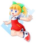 alcyoneax bangs blonde_hair blue_eyes blunt_bangs blush bow capcom character_name child commentary dress eyebrows_visible_through_hair hair_bow hair_ornament high_ponytail hood hoodie hoodie_dress jumping open_mouth outstretched_arms ponytail red_dress rockman rockman_11 roll sidelocks simple_background solo 