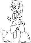  anthro black_and_white breasts cleavage clothed clothing female fist full-length_portrait grin half-closed_eyes monochrome navel nintendo nyquil pants pants_pull pok&eacute;mon pok&eacute;mon_(species) portrait scrafty simple_background sketch smile solo standing under_boob video_games white_background 