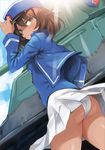 andou_(girls_und_panzer) ass bc_freedom_(emblem) bc_freedom_military_uniform blue_hat blue_jacket blue_shirt blue_sky blush brown_eyes brown_hair closed_mouth cloud cloudy_sky commentary_request cowboy_shot day doushimasho dutch_angle emblem girls_und_panzer ground_vehicle hair_between_eyes hand_on_headwear hat highres jacket light_rays long_sleeves looking_back military military_vehicle motor_vehicle open_clothes open_jacket outdoors panties pantyshot pantyshot_(standing) peaked_cap pleated_skirt s35 shirt skirt skirt_lift sky solo standing tank underwear white_panties white_skirt wind wind_lift 
