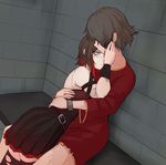  burn_scar cinder_fall corset cuffs handcuffs highres hug multiple_girls prison ruby_rose rwby scar thighhighs yancon yuri 