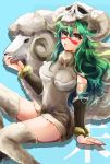  1girl bleach blue_background breasts dress facial_mark fur fur-trimmed_dress green_hair helmet horned_helmet long_hair looking_at_viewer medium_breasts nelliel_tu_odelschwanck sheep short_dress skull_helmet solo thighhighs umi_(pixiv6861961) wavy_hair yellow_eyes 