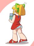  1girl android blonde_hair bow dress green_bow green_ribbon hair_bow long_hair no_humans panties ponytail red_dress ribbon robot rockman rockman_(classic) roll shoes sleeveless sleeveless_dress solo tied_hair underwear white_panties 