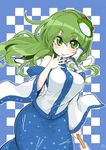  azumaya_toushirou bare_shoulders blouse blush breasts checkered checkered_background commentary_request detached_sleeves eyebrows_visible_through_hair frog_hair_ornament gohei green_eyes green_hair hair_ornament hair_tubes hand_to_own_mouth highres hips kochiya_sanae large_breasts long_hair long_skirt looking_at_viewer oonusa skirt smile snake_hair_ornament solo tight touhou vest wide_sleeves 