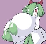 2018 areola big_breasts blush breasts female green_hair green_nipples hair huge_breasts humanoid hyper hyper_breasts kirlia nintendo nipples not_furry open_mouth petronoise pok&eacute;mon pok&eacute;mon_(species) red_eyes simple_background solo video_games white_skin 