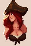  1girl bare_shoulders breasts carlos_eduardo cleavage green_eyes grin hair_over_one_eye hat highres large_breasts league_of_legends long_hair looking_to_the_side pirate_hat red_hair sarah_fortune smile solo teeth upper_body 